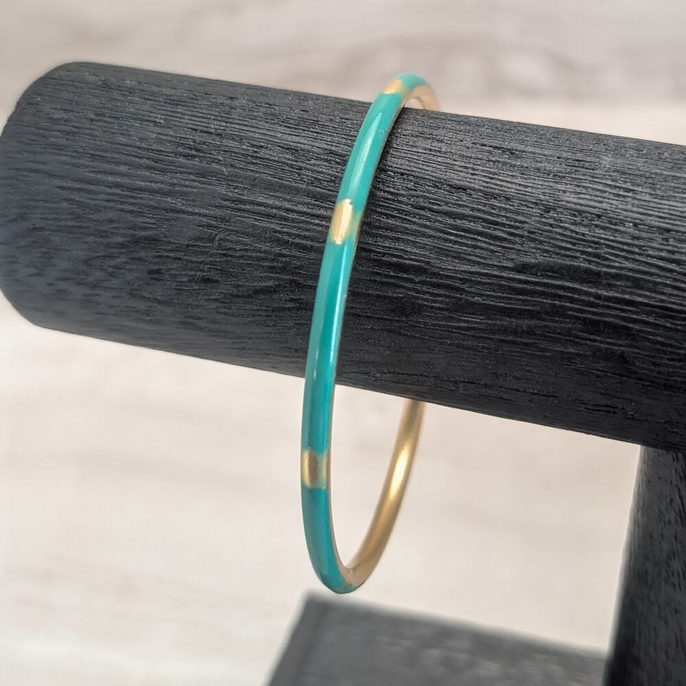 Vintage Bangle Bracelet Thin Teal Green & Gold Tone 8.25"
